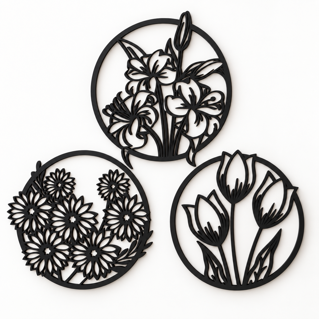 Kit 3 Quadros Decorativos Florais circulares